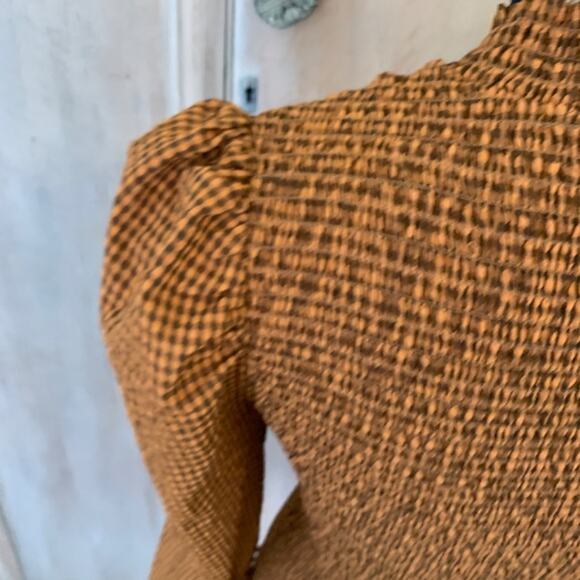 Scotch & Soda Smocked High Neck Top brown check gingham puff sleeve blouse FallS - Picture 15 of 15